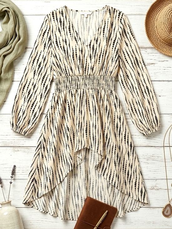 SHEIN Dresses & Skirts - Beige Black Spotted Lines Pattern High Low Fit & Flare Long Sleeve Blouse Large